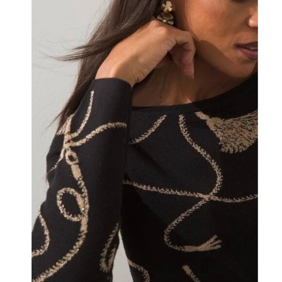 Chico's Black Gold Metallic Rope Design Sweater Bateau Neck Long Sleeves Size M - Picture 6 of 11